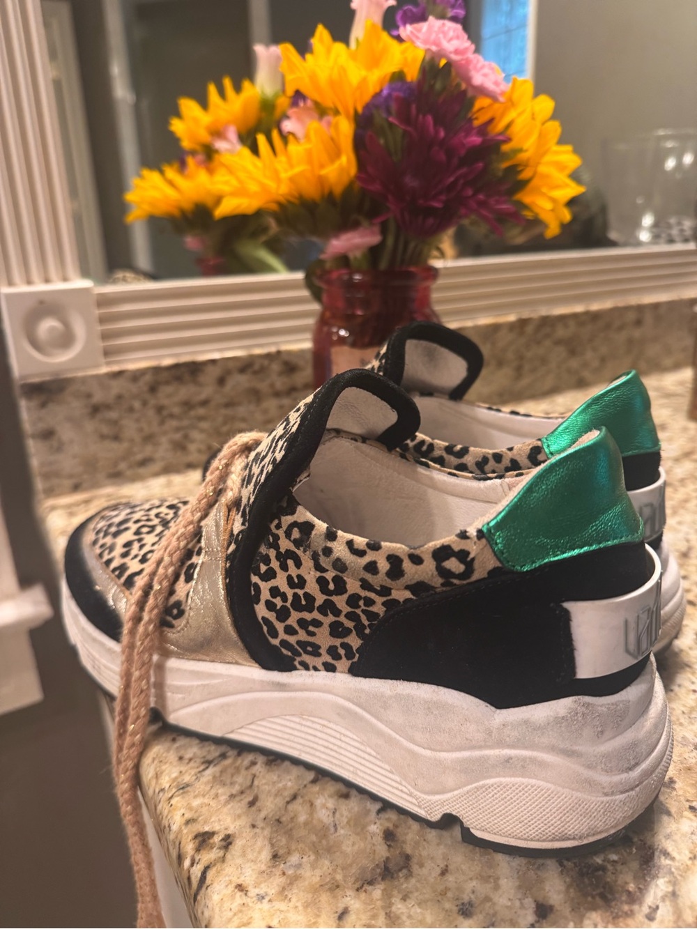 Vaddia Casual Sneakers with Green metallic Accent and Leopard Trim